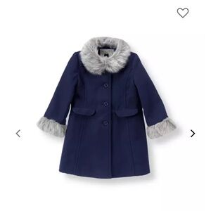 Janie and Jack Bonjour Navy Blue Faux Fur Trim Coat Baby Girls 12-18 months